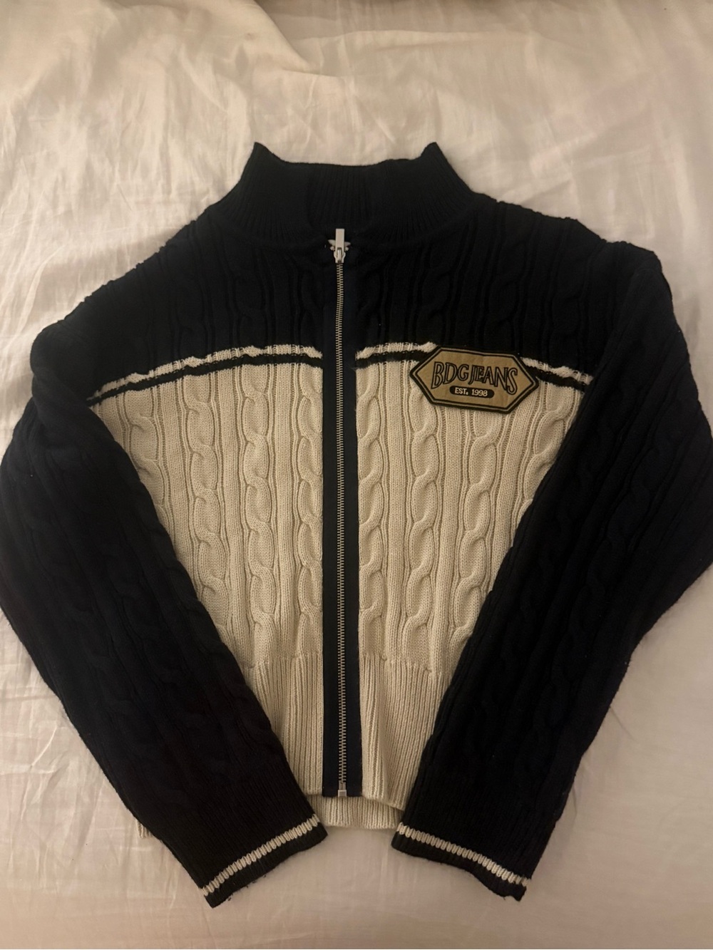 Urban Outfitters-BDG Women's Blue and Cream Zip-Front Cable Knit Sweater